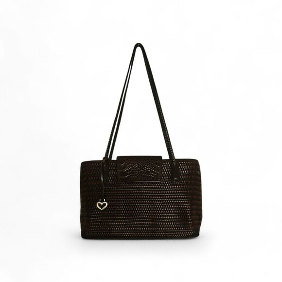 Brighton Vintage Woven Leather Tote | Brown Croc Embossed Flap | Silver Hardware - Picture 3 of 12